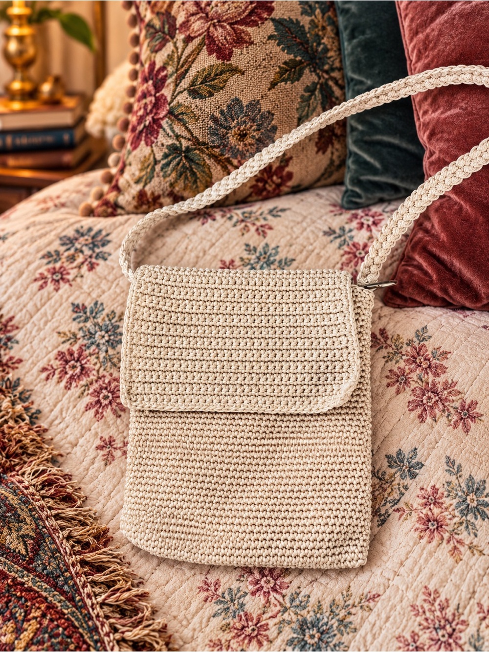 Madison Studio Vintage Crochet Crossbody Bag Ivory Boho Y2K